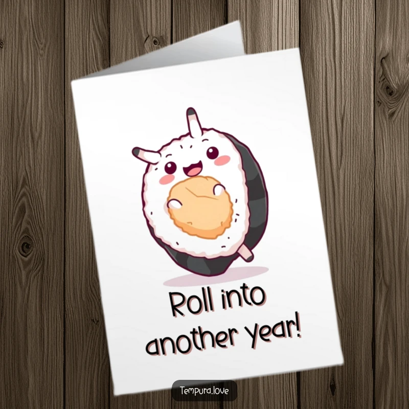 Funny Free Printable Birthday Card featuring a happy sushi roll performing a backward somersault with a playful expression, ready for a party.