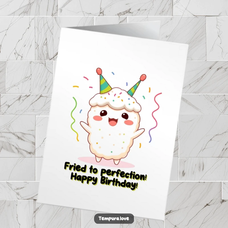Funny Free Printable Birthday Card: Cheerful Tempura with Streamers, Ready to Party, Downloadable & Print at Home