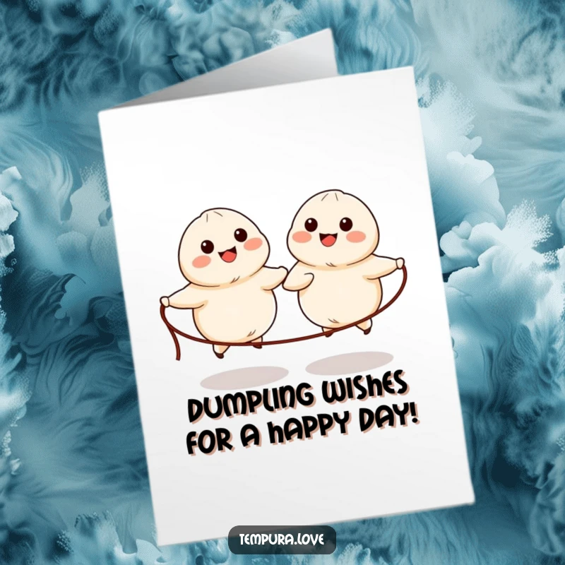 Funny Free Printable Birthday Card featuring two happy dumplings with eyes and mouths cheerfully skipping rope together.