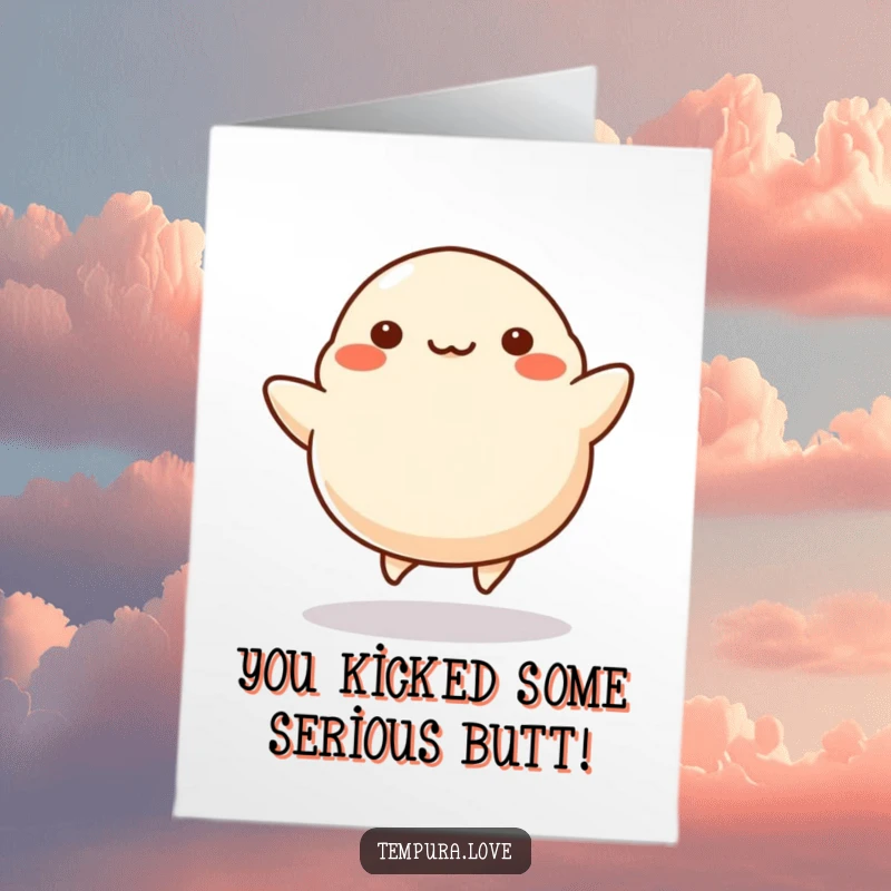 Funny Free Printable Congratulations Card showing a dumpling with tiny legs kicking cheerfully, celebrating success with energetic and cute downloadable flair.