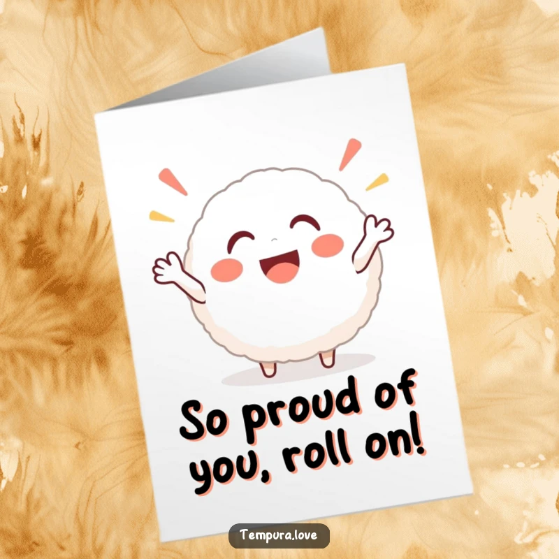 Funny Free Printable Congrats Card: A smiling, round rice ball character cheering enthusiastically, celebrating success