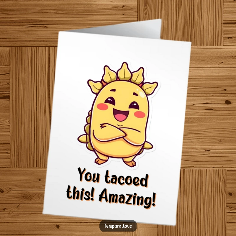 Funny Free Printable Congrats Card: A grinning taco with crossed arms looks mischievous, celebrating a triumph.