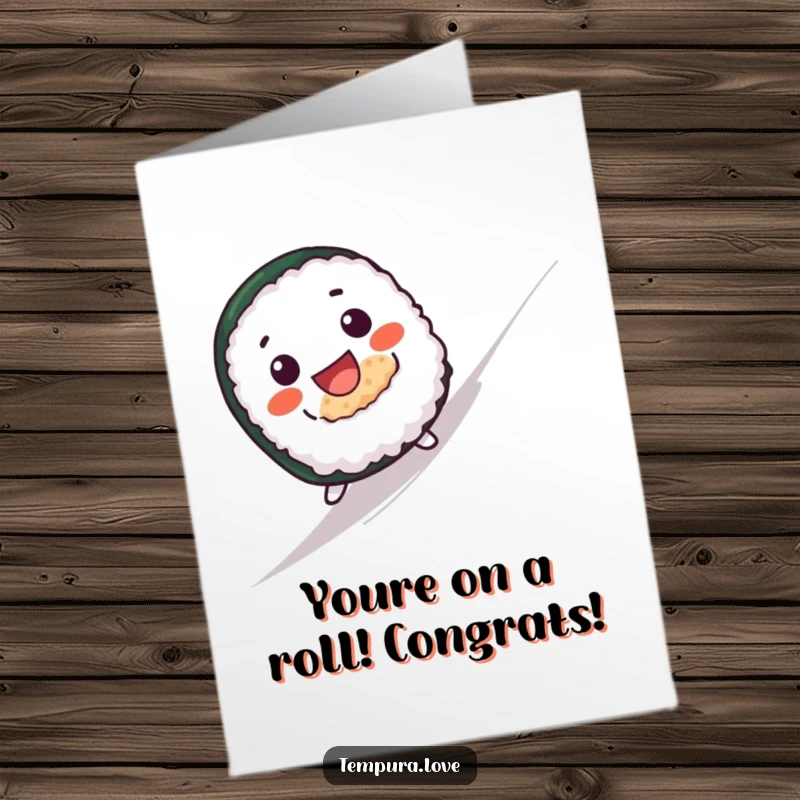 Funny Free Printable Congrats Card: A grinning sushi roll speeds downhill, celebrating a successful venture.