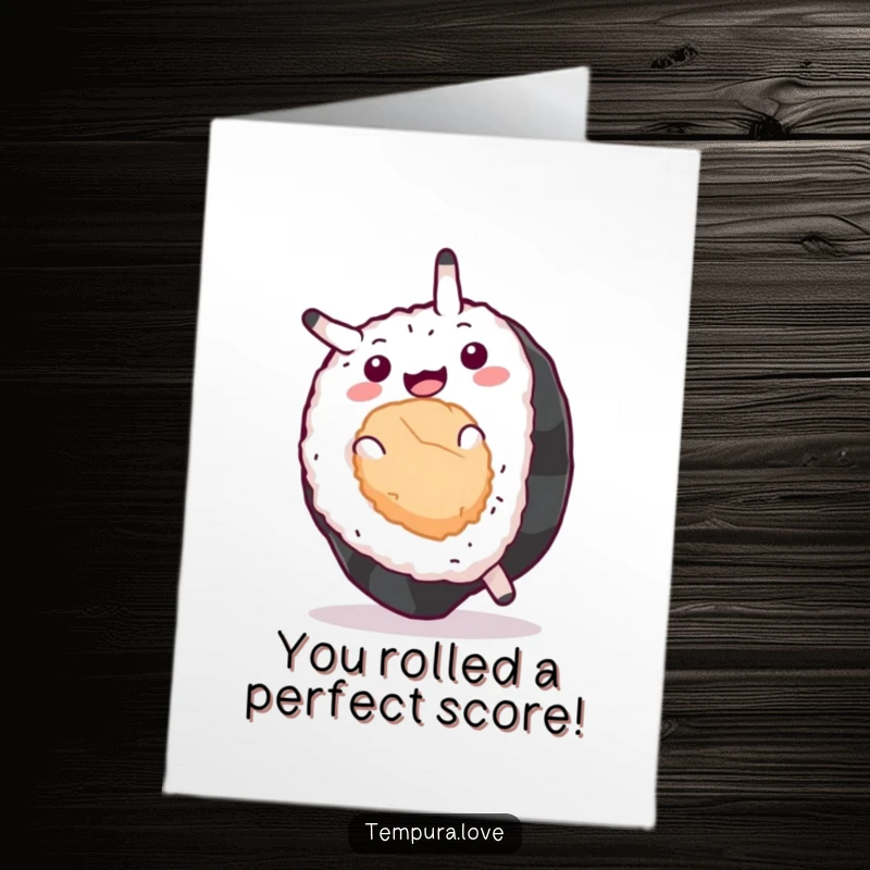 Funny Free Printable Congratulations Card showing a joyous sushi roll mid-somersault, celebrating success with energetic flair, a perfect downloadable.