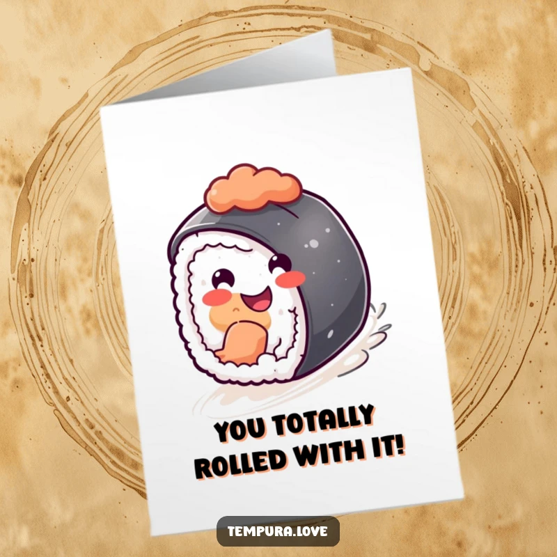 Funny Free Printable Congratulations Card: A happy sushi piece happily rolling downhill, celebrating accomplishments.