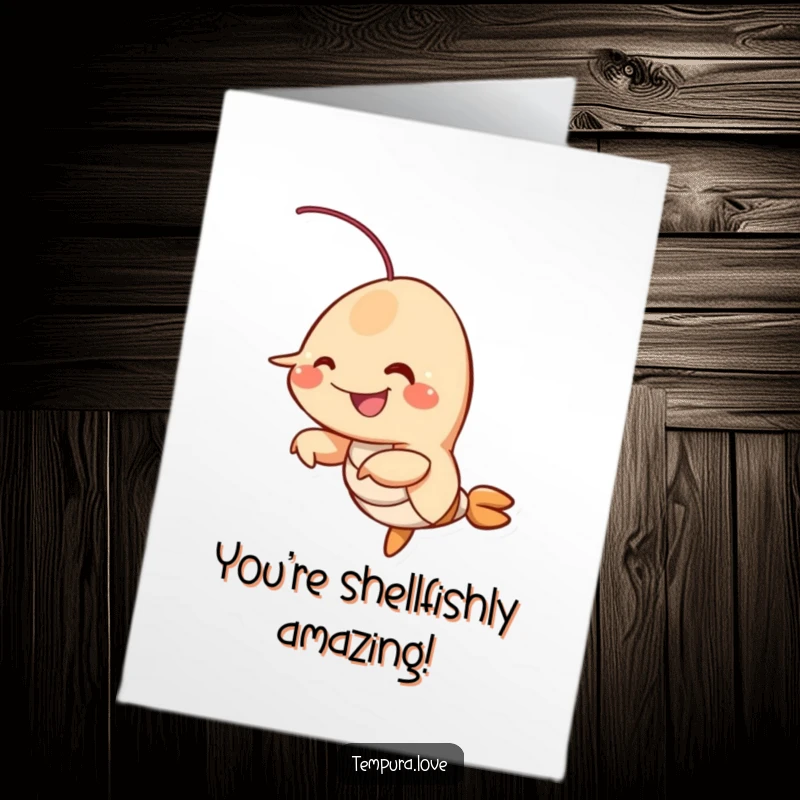 Funny Free Printable Congratulations Card: A smiling fried shrimp character wiggles its appendages, celebrating success.