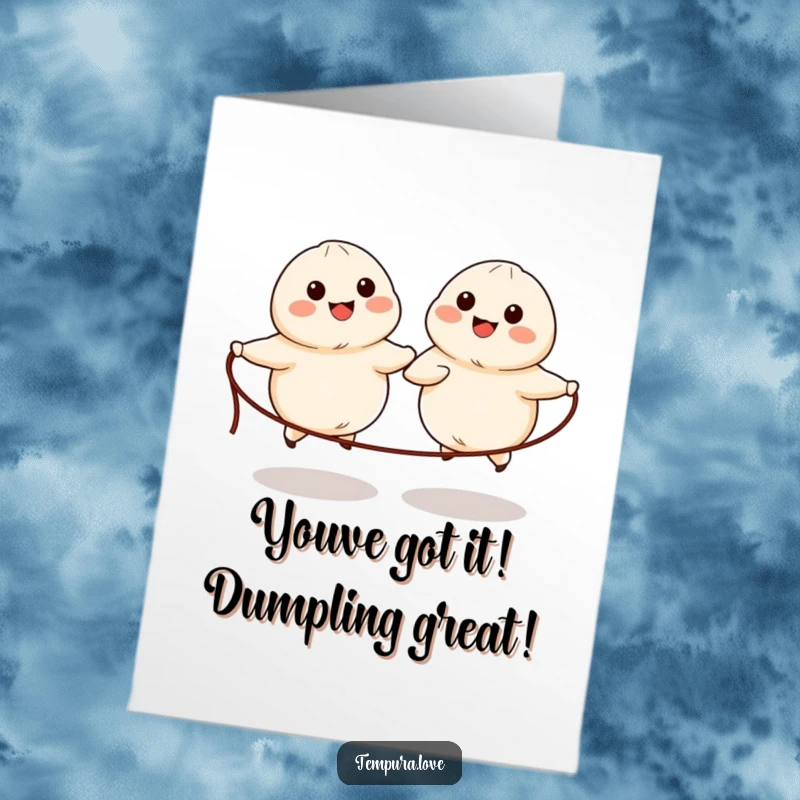Funny Free Printable Congrats Card showing two dumplings happily skipping rope, symbolizing a successful jump.
