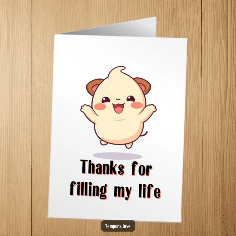 Funny Free Printable Thank You Card: A bouncy dumpling character doing a joyful jump, expressing thanks.