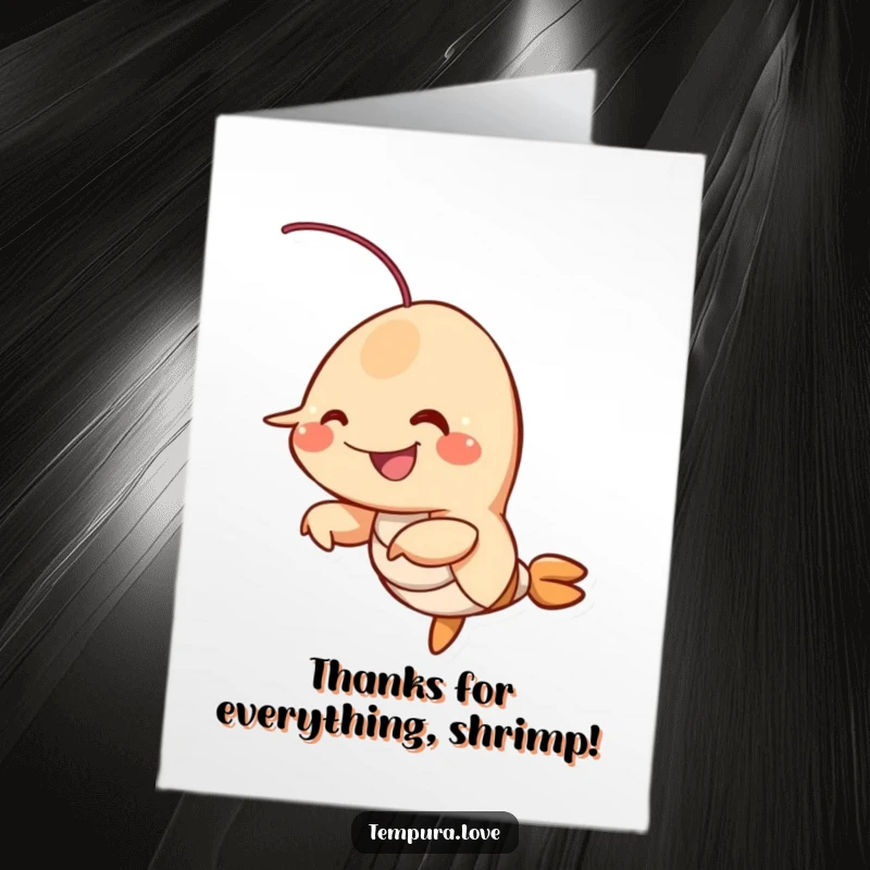 Funny Free Printable Thank You Card: A smiling fried shrimp character wiggles its appendages to show thanks.