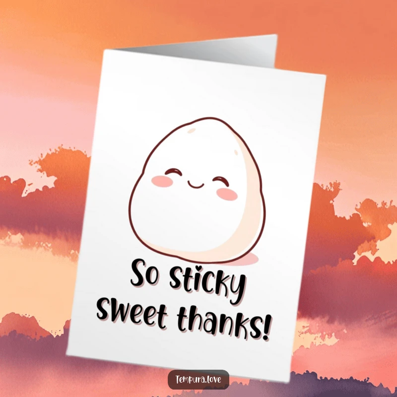 Cute Free Printable Thank You Card: A plump, happy mochi rolls along with a wide, beaming face, conveying thanks with infectious joy.