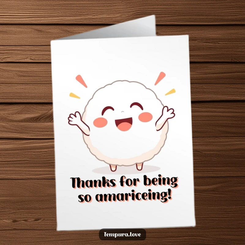 Funny Free Printable Thank You Card: A smiling, round rice ball character cheering enthusiastically, expressing thanks