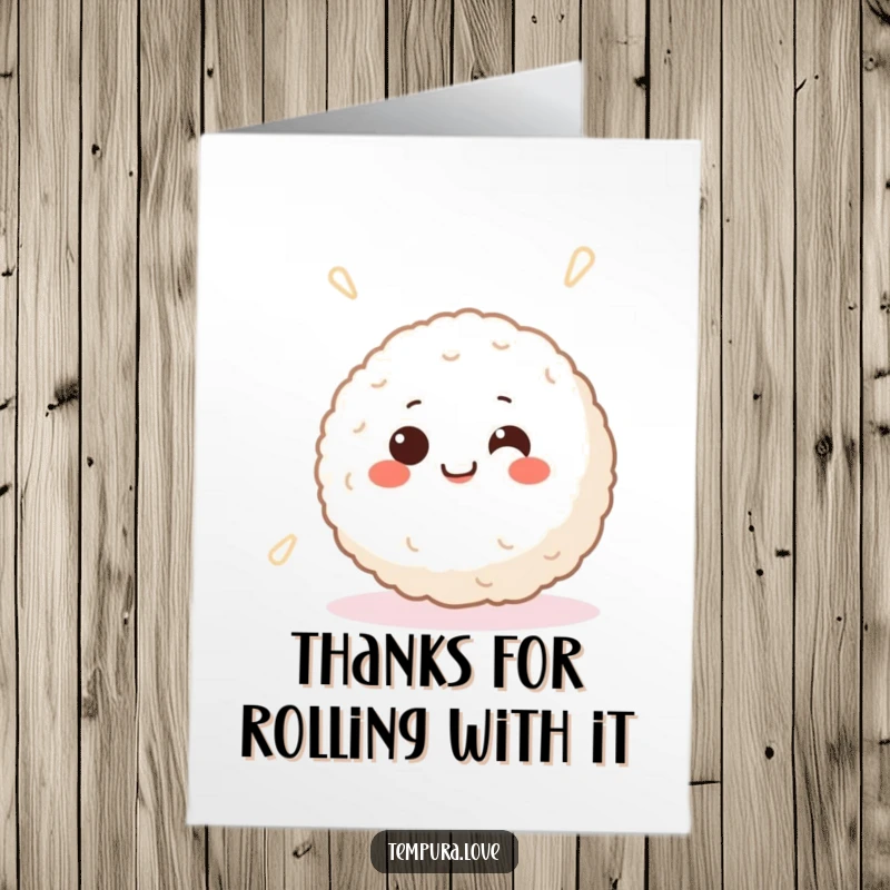 Funny Free Printable Thank You Card: A smiling Japanese rice ball with happy eyes spins cheerfully, a fun thank you.