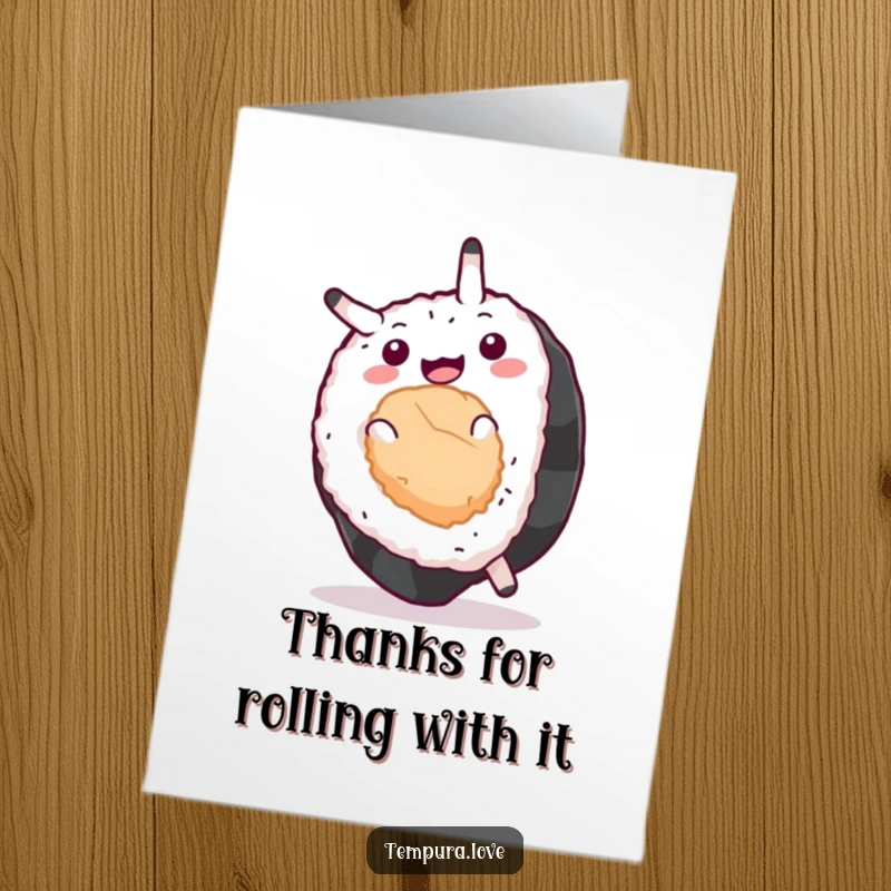 Funny Free Printable Thank You Card with a happy sushi role mid-somersault, conveying energetic gratitude, a great downloadable for any occasion.