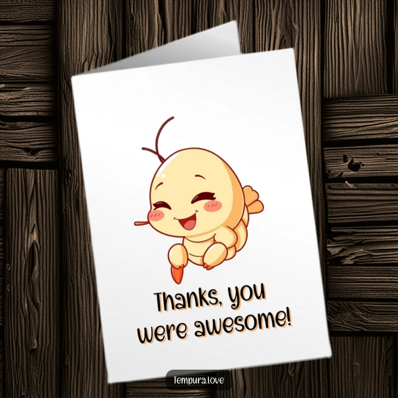 Funny Free Printable Thank You Card with a tempura shrimp winking playfully, offering a unique and humorous way to say thanks, a downloadable.
