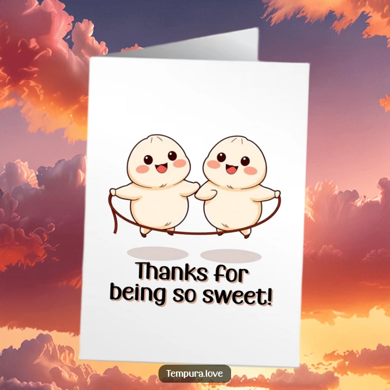 Funny Free Printable Thank You Card: Two dumplings with simple faces are captured mid-skip while happily jumping rope.