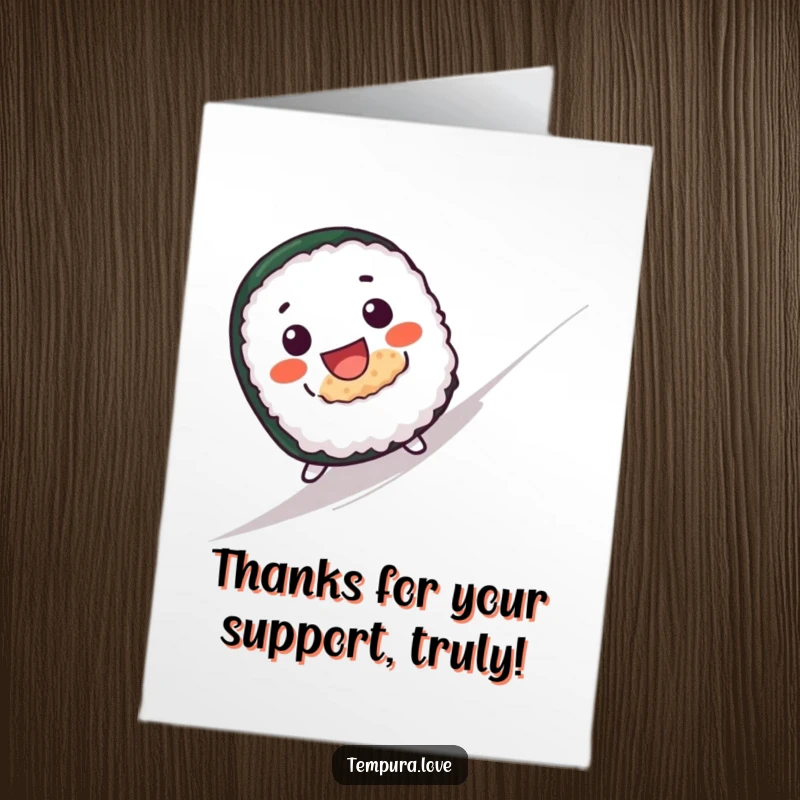 Funny Free Printable Thank You Card: A wide-grinning sushi roll is depicted joyfully rolling down a hill.