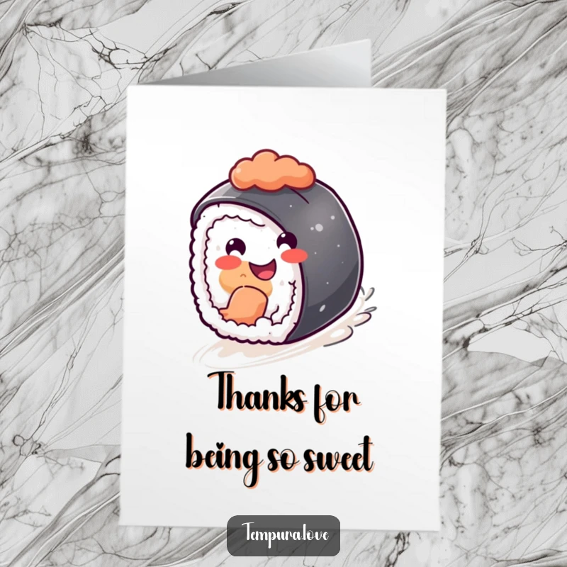 Funny Free Printable Thank You Card: A happy sushi piece rolling downhill with a grin, expressing thanks.