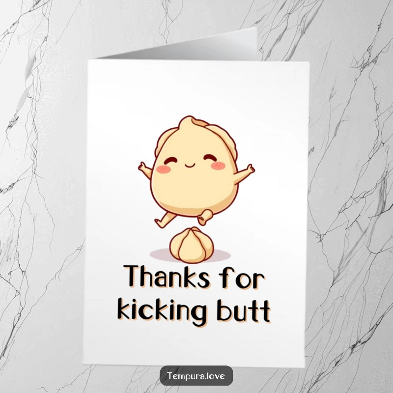Funny Free Printable Thank You Card: A gyoza with tiny feet kicks a small ball of dough, a playful thank you.