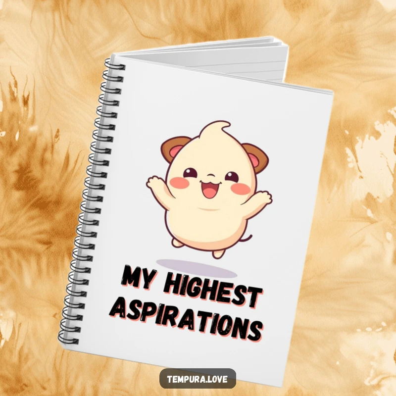 Funny bouncy dumpling character performing a joyful jump, a humorous notebook for jotting down ideas.