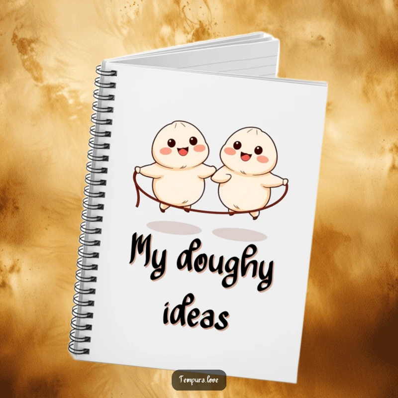 Funny notebook cover featuring two cute, anthropomorphic dumplings with simple eyes and mouths happily skipping rope.