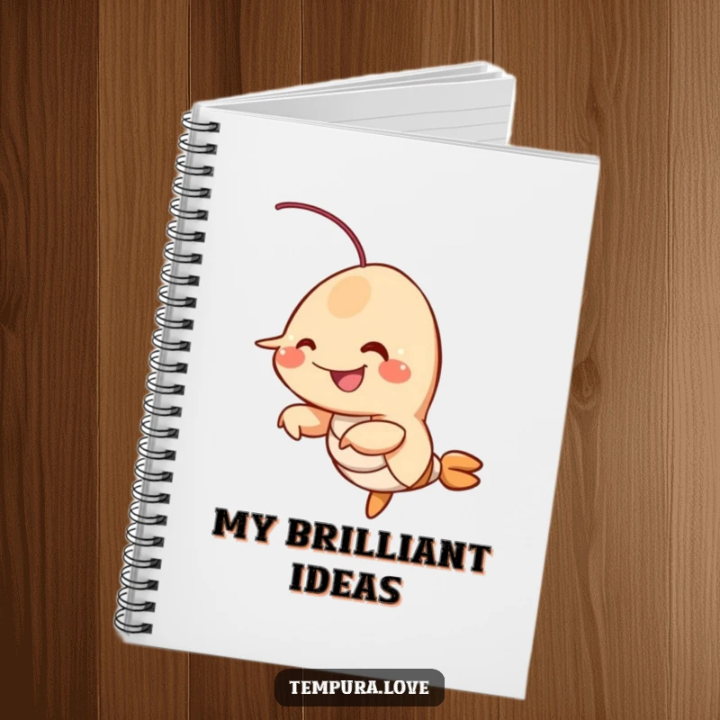 Funny smiling fried shrimp character wiggling its limbs, a humorous notebook for jotting down ideas.