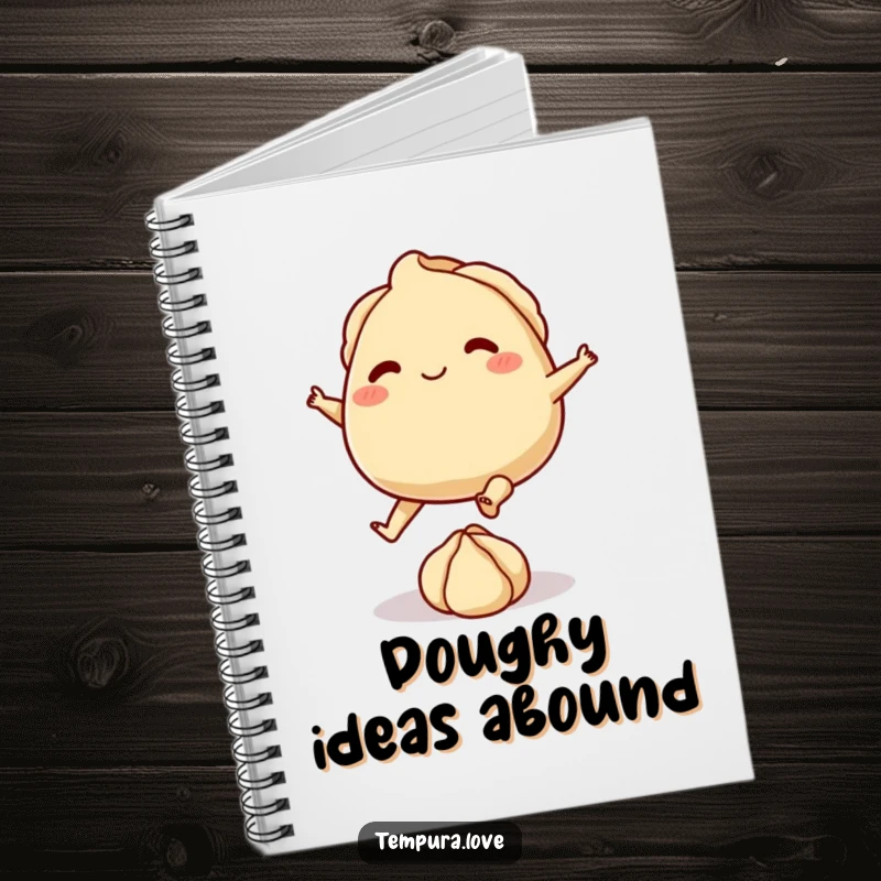 Funny notebook featuring a playful gyoza character on tiny feet, kicking a small ball of dough, for notes and doodles.