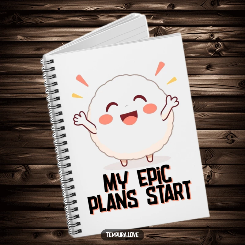 Funny rice ball notebook featuring a happy, round character cheering, perfect for jotting down notes with infectious enthusiasm.