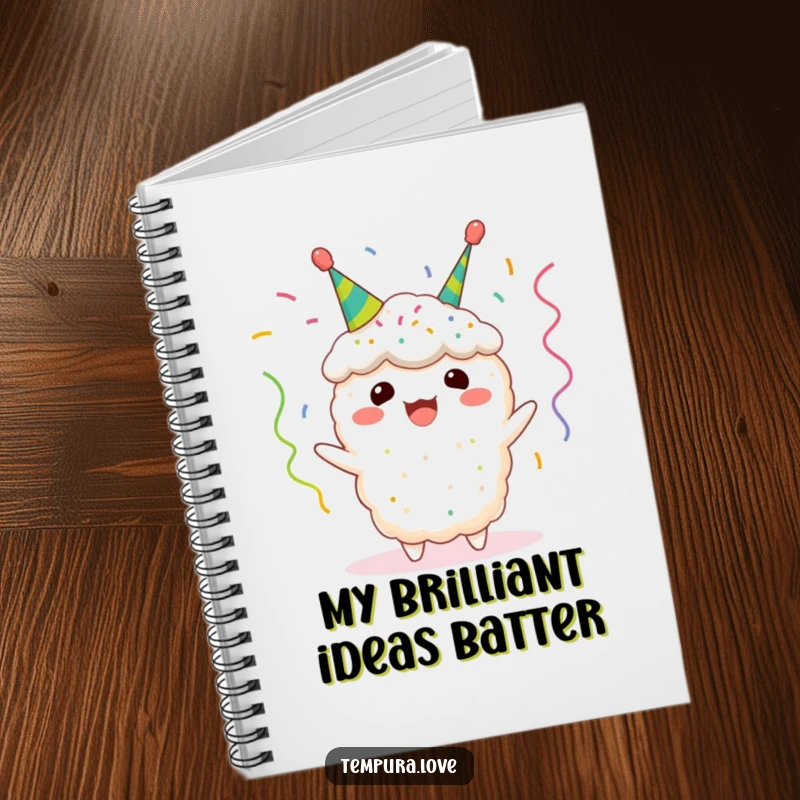 Funny tempura notebook with a cheerful fried shrimp character wearing tiny celebratory streamers, inspiring joyful notes and doodles.