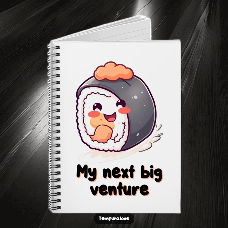 Funny happy sushi piece rolling downhill with a cheerful grin, a humorous notebook for jotting down ideas.