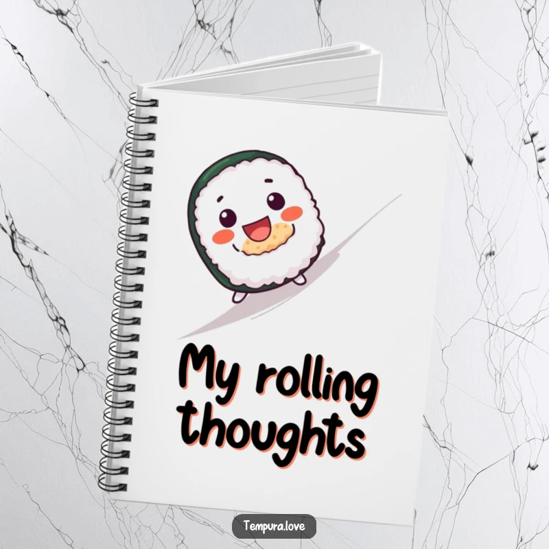 Funny notebook cover featuring a cute sushi roll with a wide grin joyfully rolling down a hill.