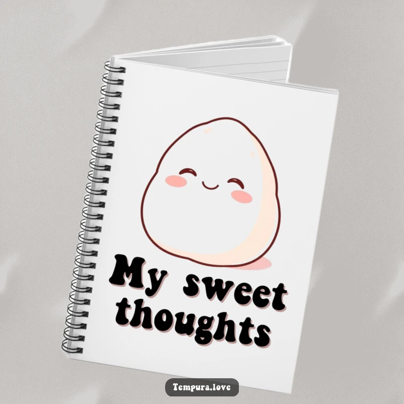 Funny Happy Mochi Notebook featuring a plump cartoon mochi rolling joyfully, ideal for jotting down funny and sweet ideas.