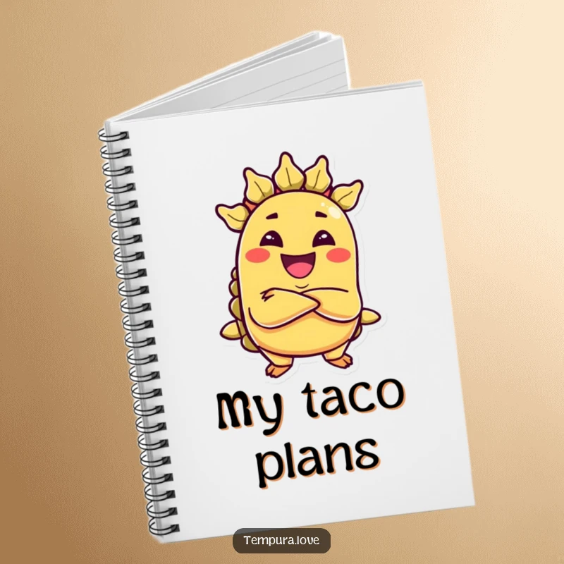 Funny notebook cover featuring a grinning, anthropomorphic taco with arms crossed, looking sly and ready to write.
