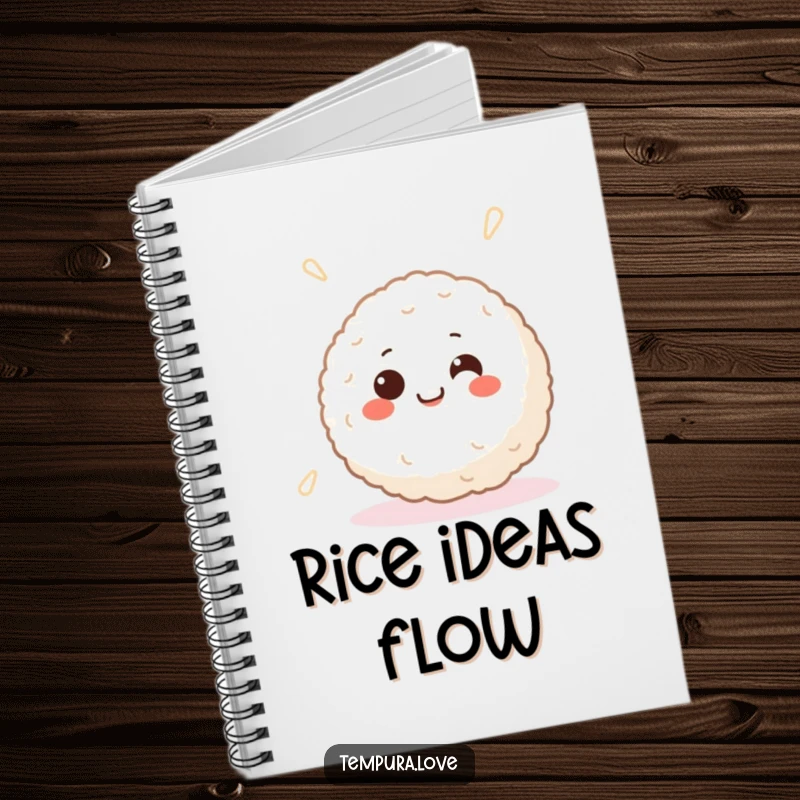 Funny notebook featuring a smiling Japanese rice ball with happy eyes, happily spinning, for notes and doodles.