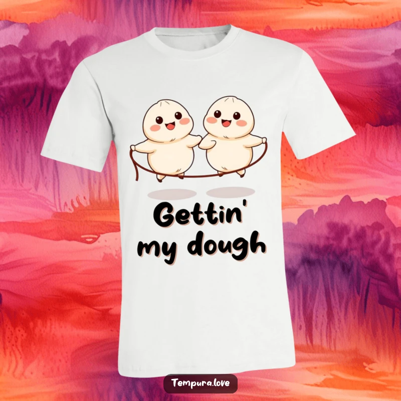 Funny t-shirt showcasing two happy, anthropomorphic dumplings with simple features joyfully skipping rope in unison.