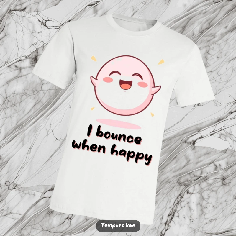 Funny Mochi Ball T-Shirt depicting a round mochi ball gleefully bouncing and laughing, embodying pure, unadulterated joy.
