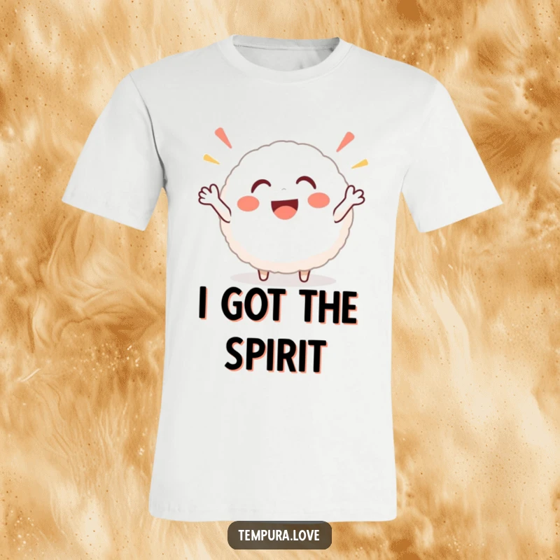Funny rice ball t-shirt depicting a round, beaming character in mid-cheer, full of infectious energy and Japanese food charm.