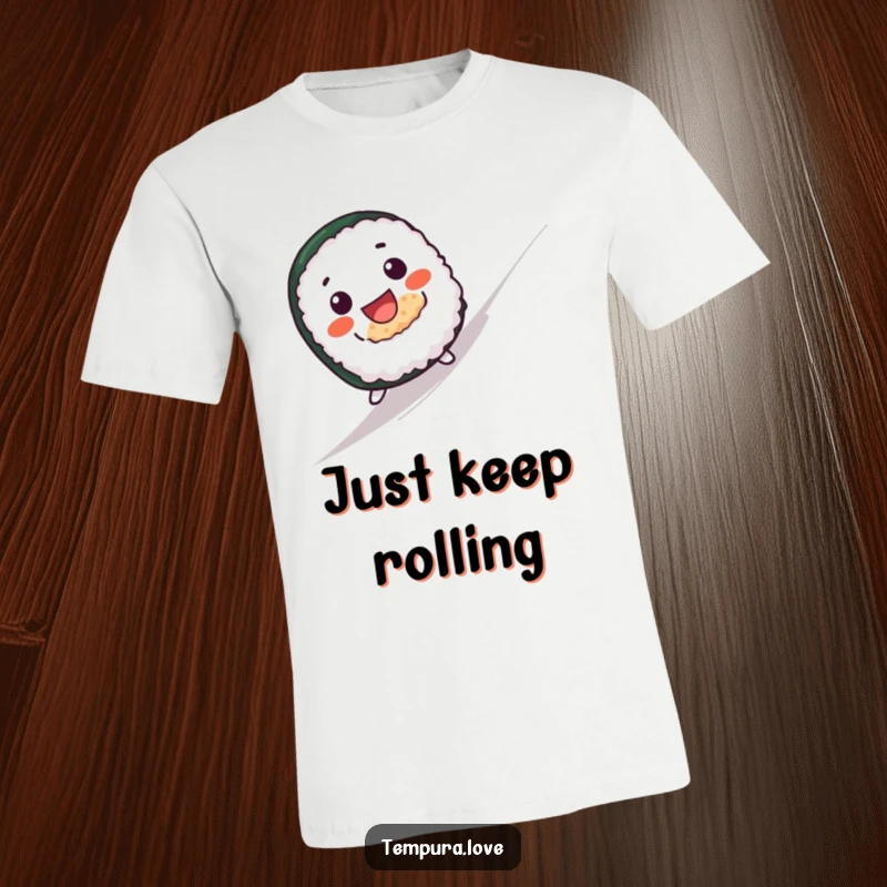 Funny t-shirt showcasing a cute sushi roll character with a big grin joyfully rolling down an incline.