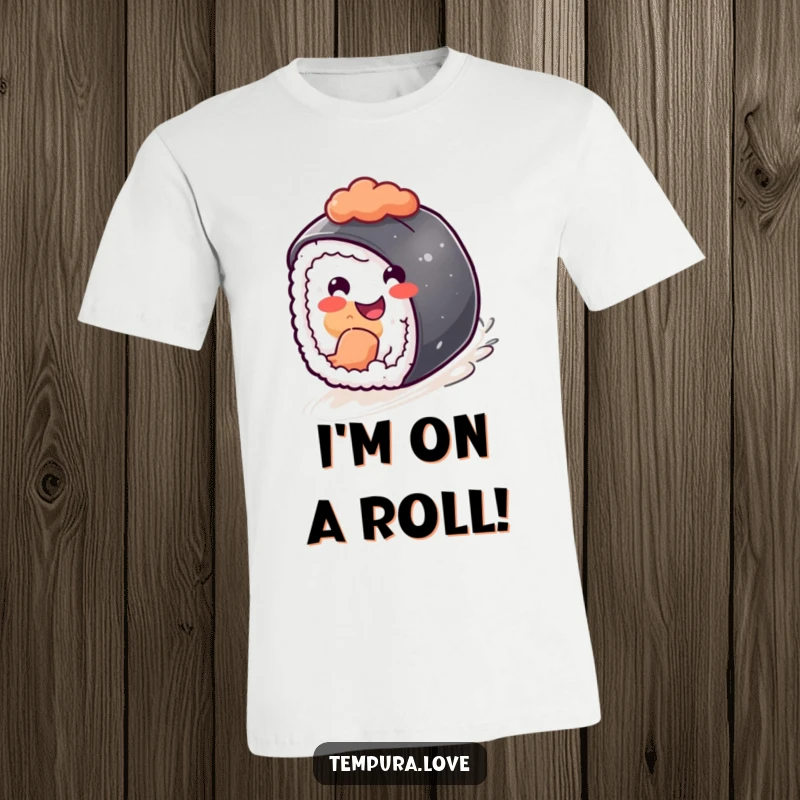 Funny sushi piece with a cheerful grin, depicted rolling downhill with speed, a humorous t-shirt design.