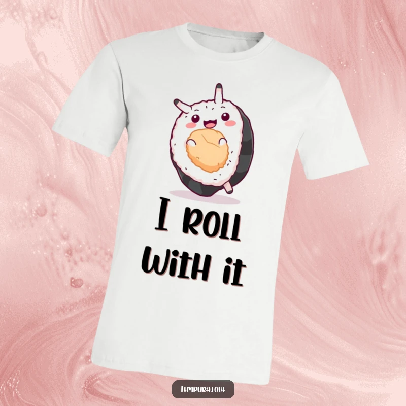 Funny Sushi T-Shirt showcasing a beaming sushi piece mid-somersault, radiating athletic joy and delicious fun, perfect for foodies.