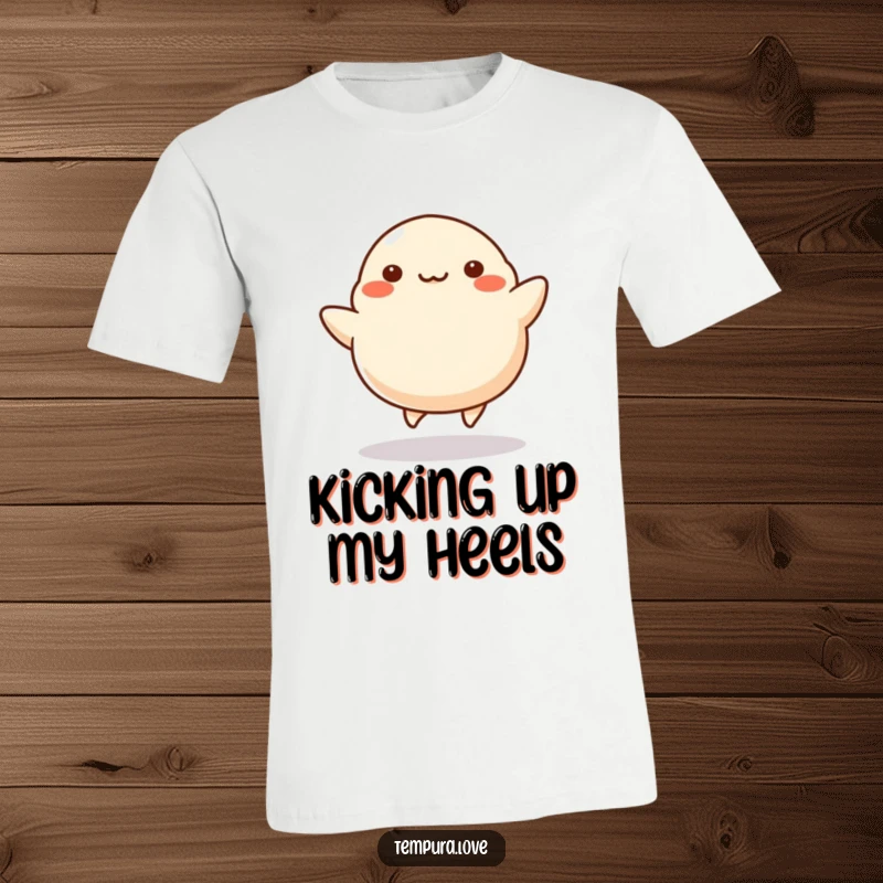 Funny Dumpling T-Shirt depicting a stylized dumpling joyfully kicking its tiny legs, embodying energetic fun and delicious charm.