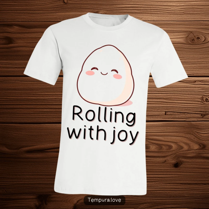 Funny Happy Mochi T-Shirt depicting a plump cartoon mochi rolling with delight, ideal for cute and humorous casual wear.
