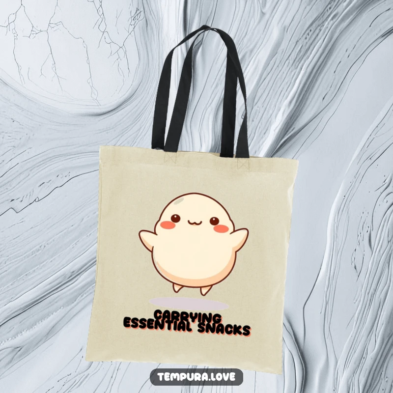 Funny Dumpling Tote Bag featuring a stylized dumpling joyfully kicking its legs, ideal for carrying groceries with a humorous touch.