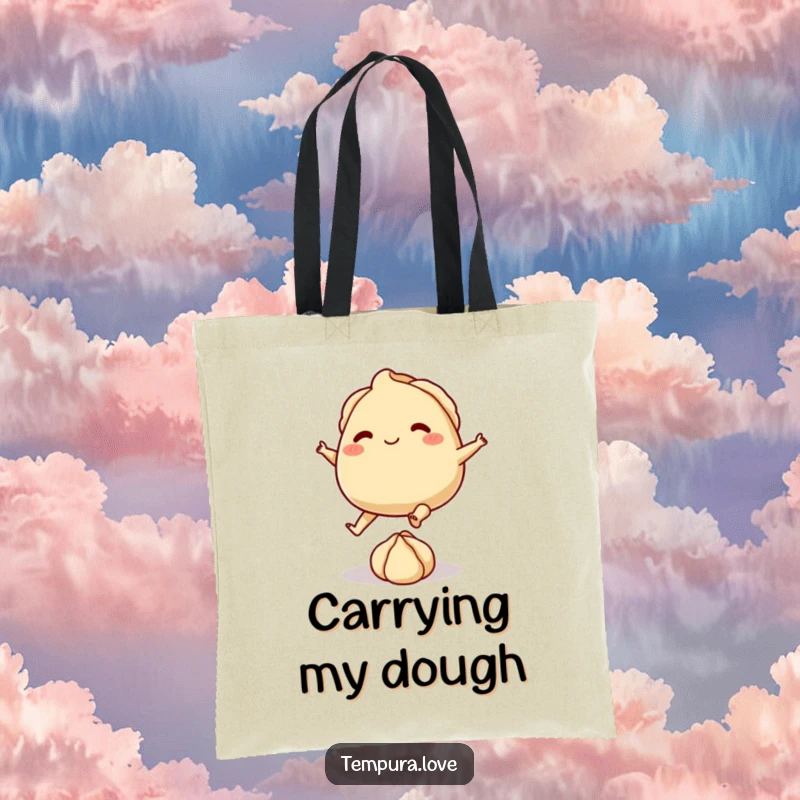 Funny tote bag with a playful gyoza character on tiny feet, kicking a small ball of dough, great for shopping.