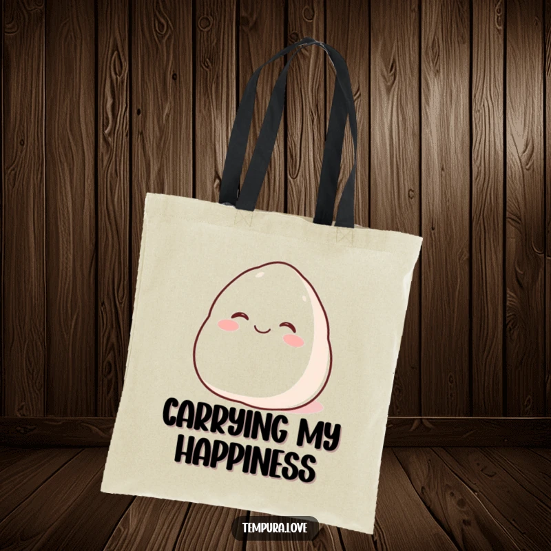 Funny Happy Mochi Tote Bag with a plump cartoon mochi rolling joyfully, ideal for humorous shopping and carrying sweet treats.