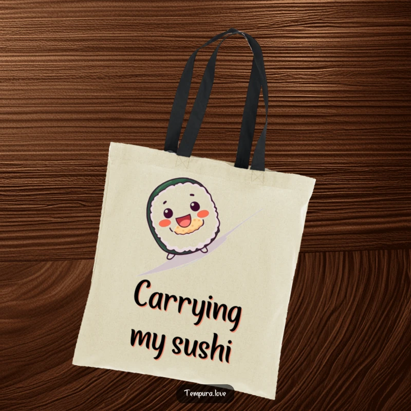 Funny tote bag depicting a cute sushi roll with a wide grin joyfully rolling down a hill, showcasing its adventure.