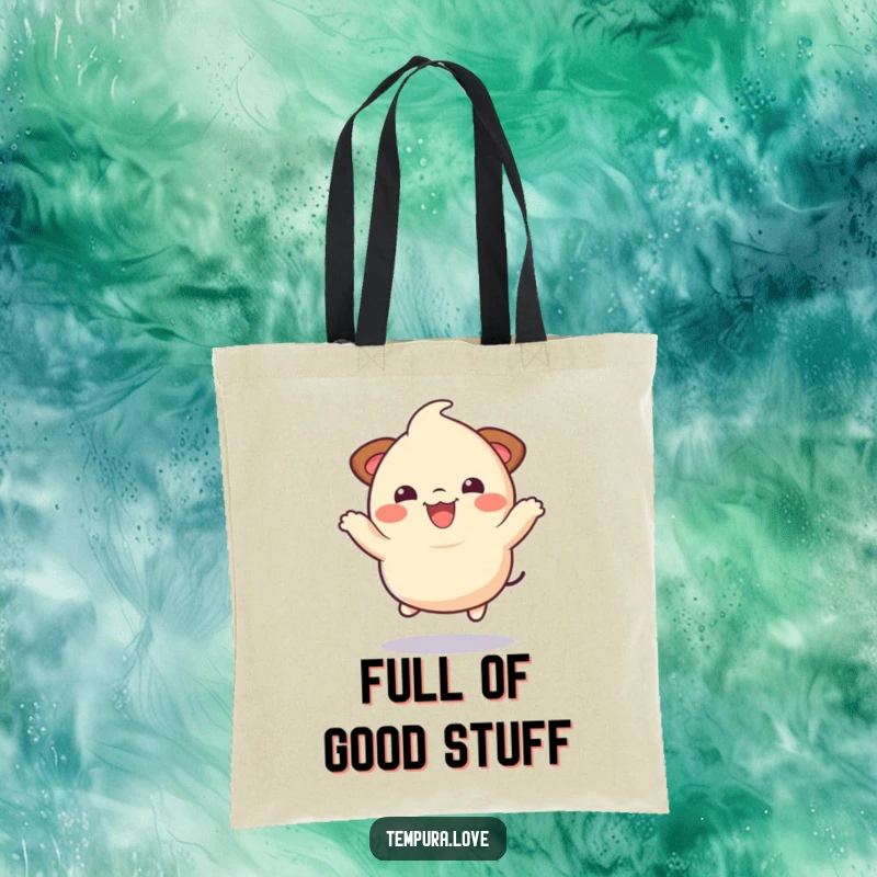 Funny dumpling character joyfully jumping, a humorous and spacious tote bag for everyday use.