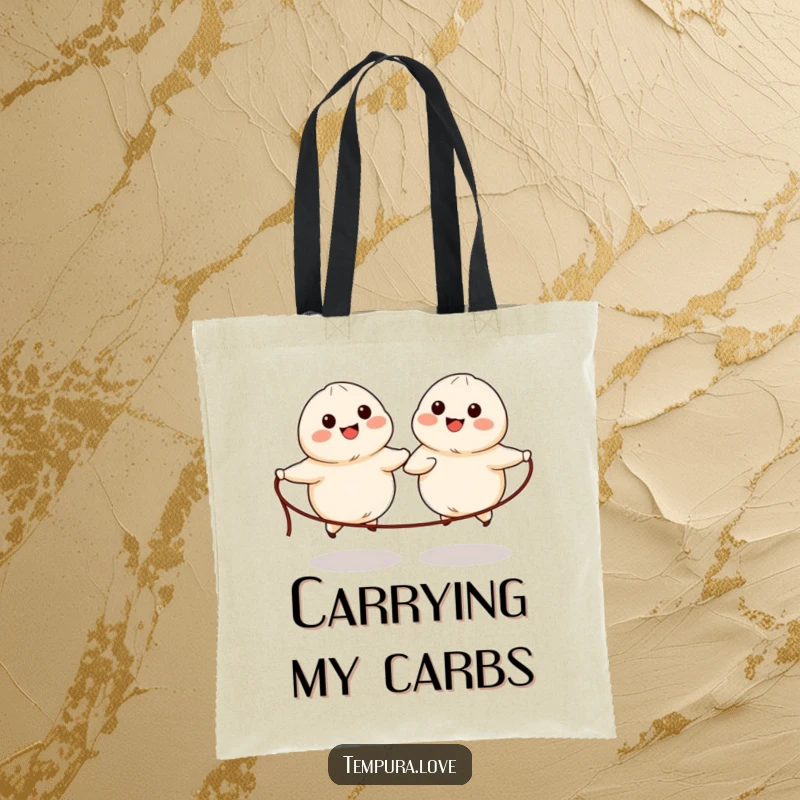 Funny tote bag depicting two smiling, anthropomorphic dumplings with simple eyes and mouths happily skipping rope.