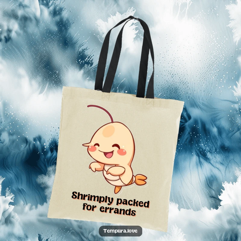Funny fried shrimp character smiling and wiggling its limbs, a humorous and spacious tote bag.