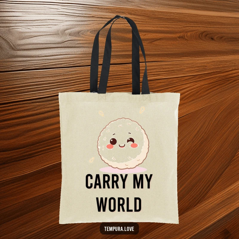 Funny tote bag with a smiling Japanese rice ball character, happy eyes, happily spinning, perfect for carrying items.