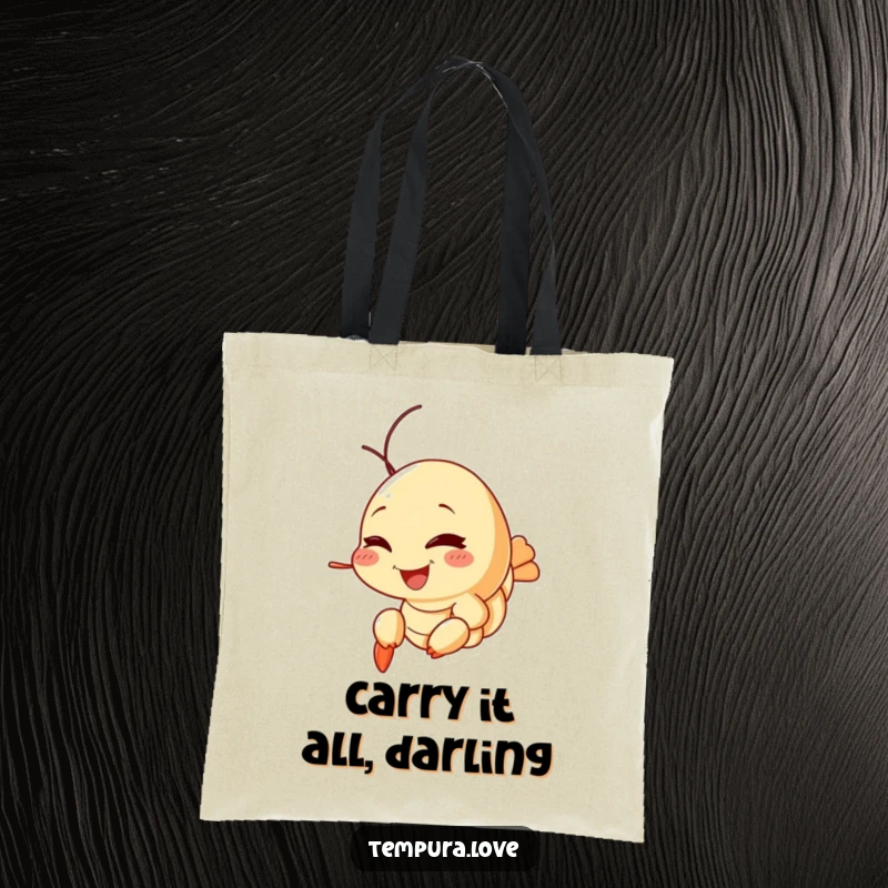 Funny Tempura Shrimp Tote Bag featuring a smiling shrimp giving a playful wink, ideal for carrying groceries with a humorous touch.